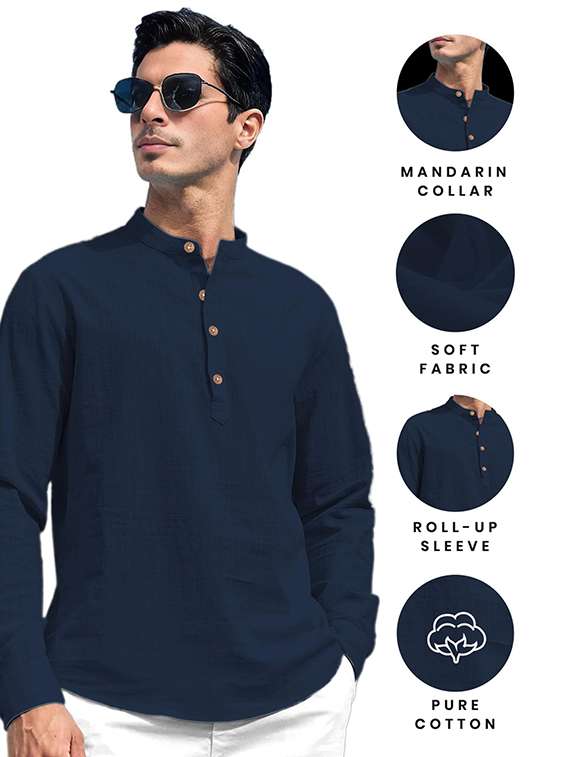 men solid mandarin neck short kurta - 22325439 -  Standard Image - 2