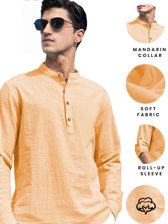 men solid mandarin neck short kurta - 22325666 -  Standard Image - 2