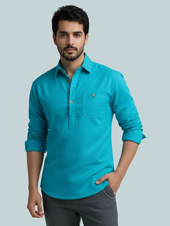 men solid long sleeve short kurta