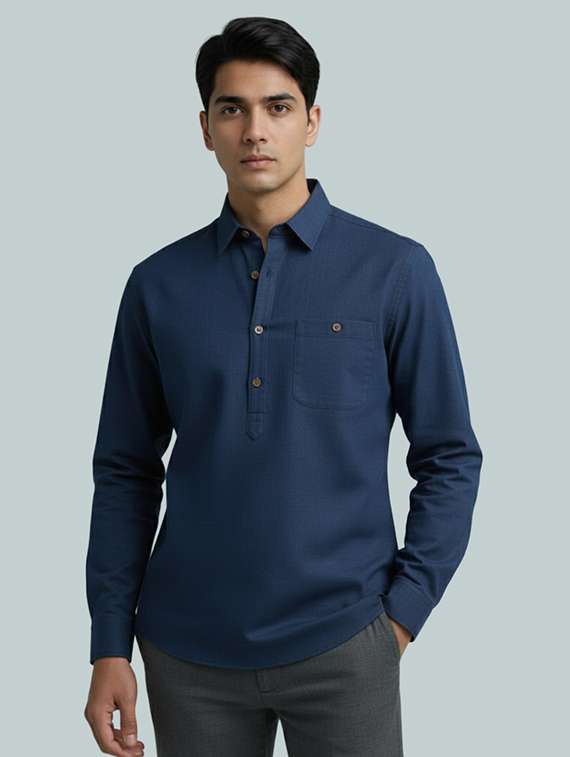 men solid long sleeve short kurta