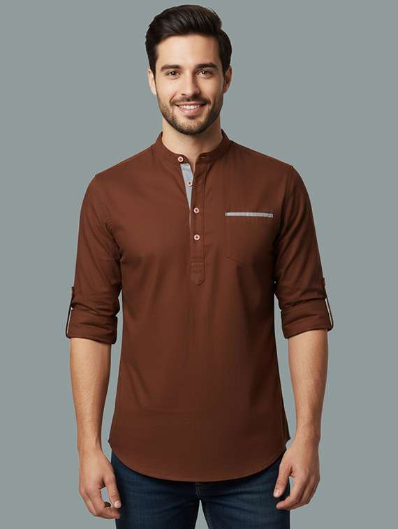 men solid mandarin neck short kurta