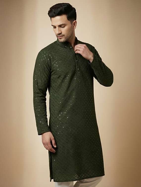 men solid with work mandarin neck long kurta