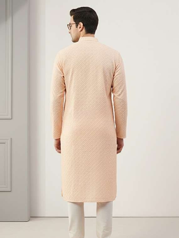 Men Solid With Work Mandarin Neck Long Kurta - 22326505 -  Standard Image - 2
