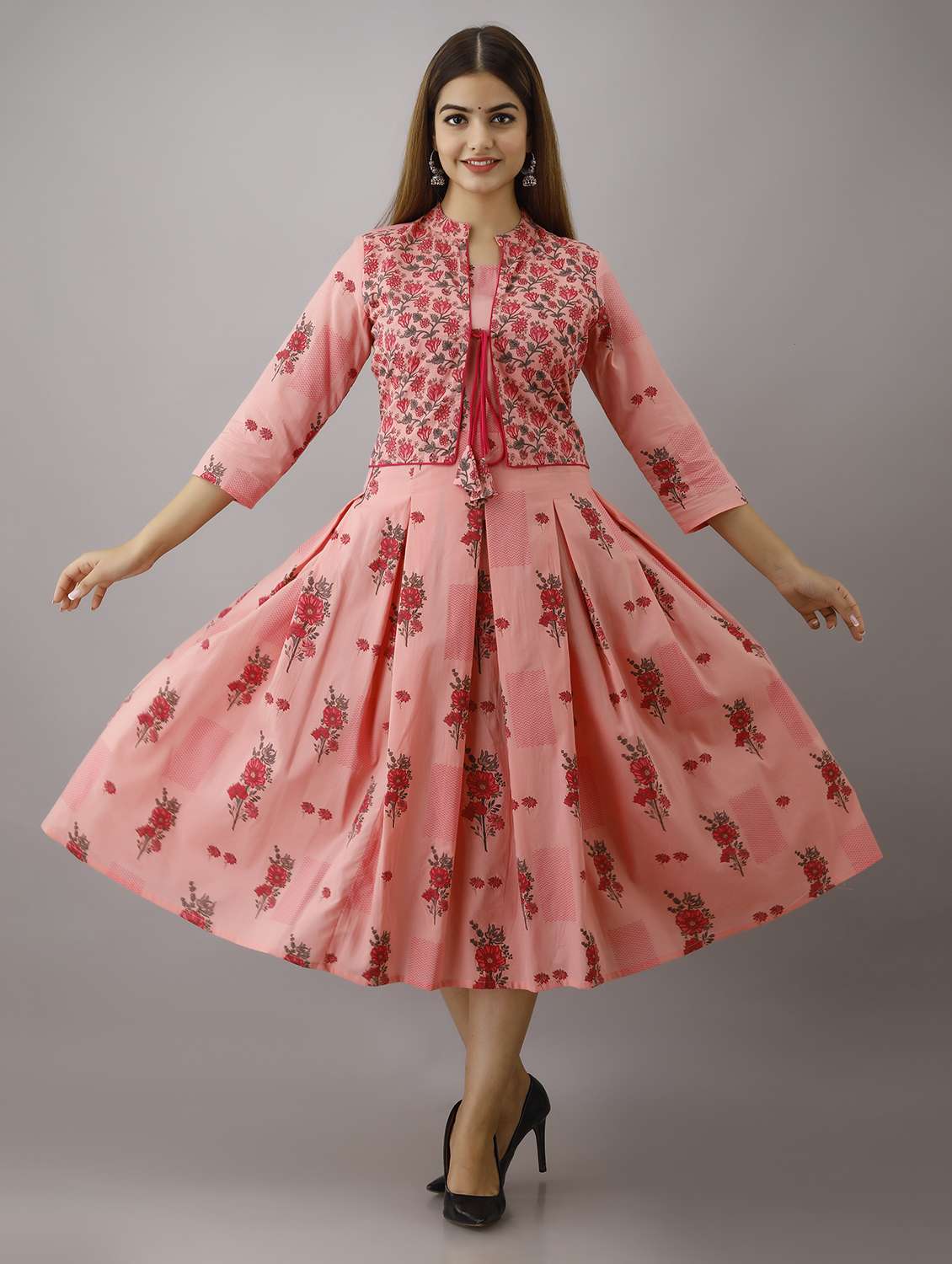 women floral printed three quarter sleeve ethnic dress - 22326543 -  Standard Image - 2