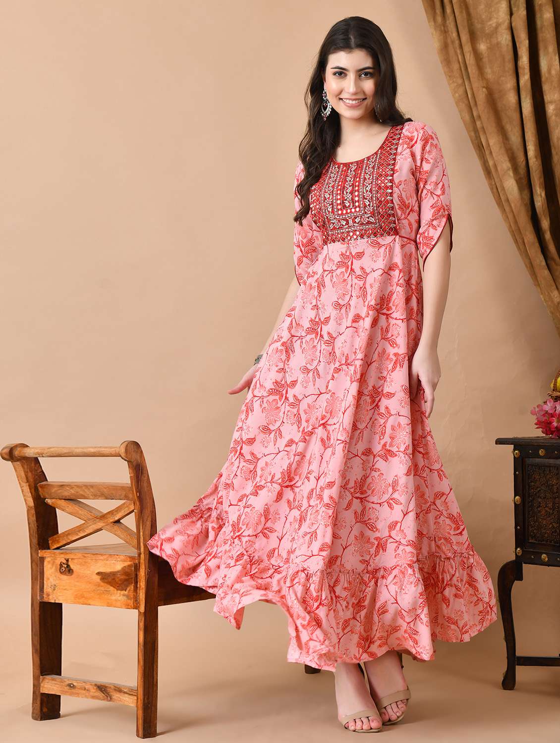 women floral printed three quarter sleeve ethnic dress - 22326547 -  Standard Image - 2