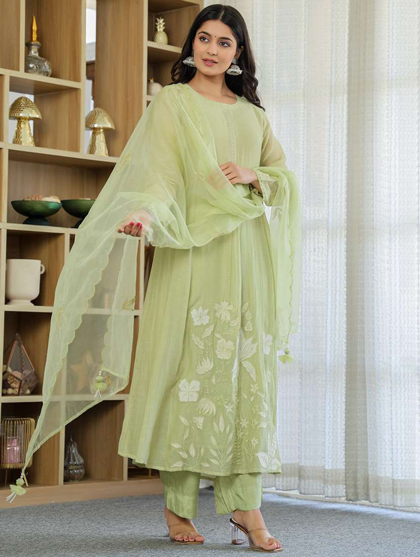 women solid with work long sleeve kurta pant with dupatta set - 22326573 -  Standard Image - 2