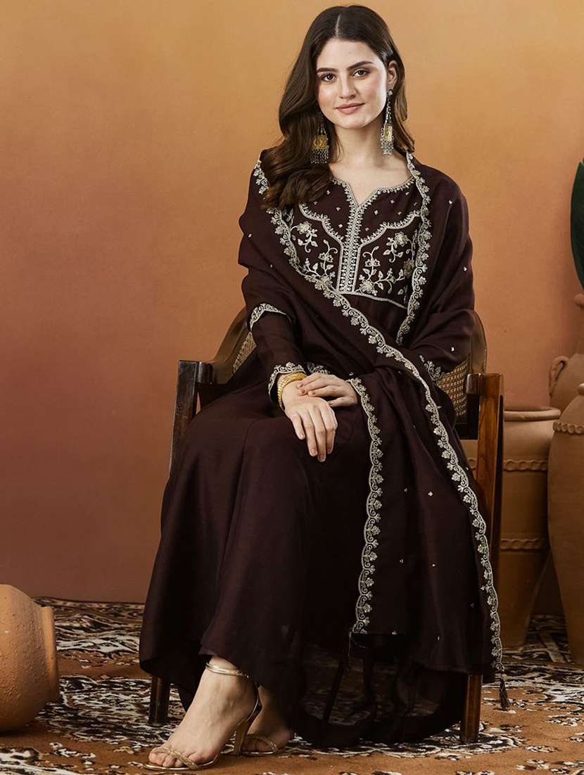 women solid with work long sleeve kurta pant with dupatta set - 22326578 -  Standard Image - 2