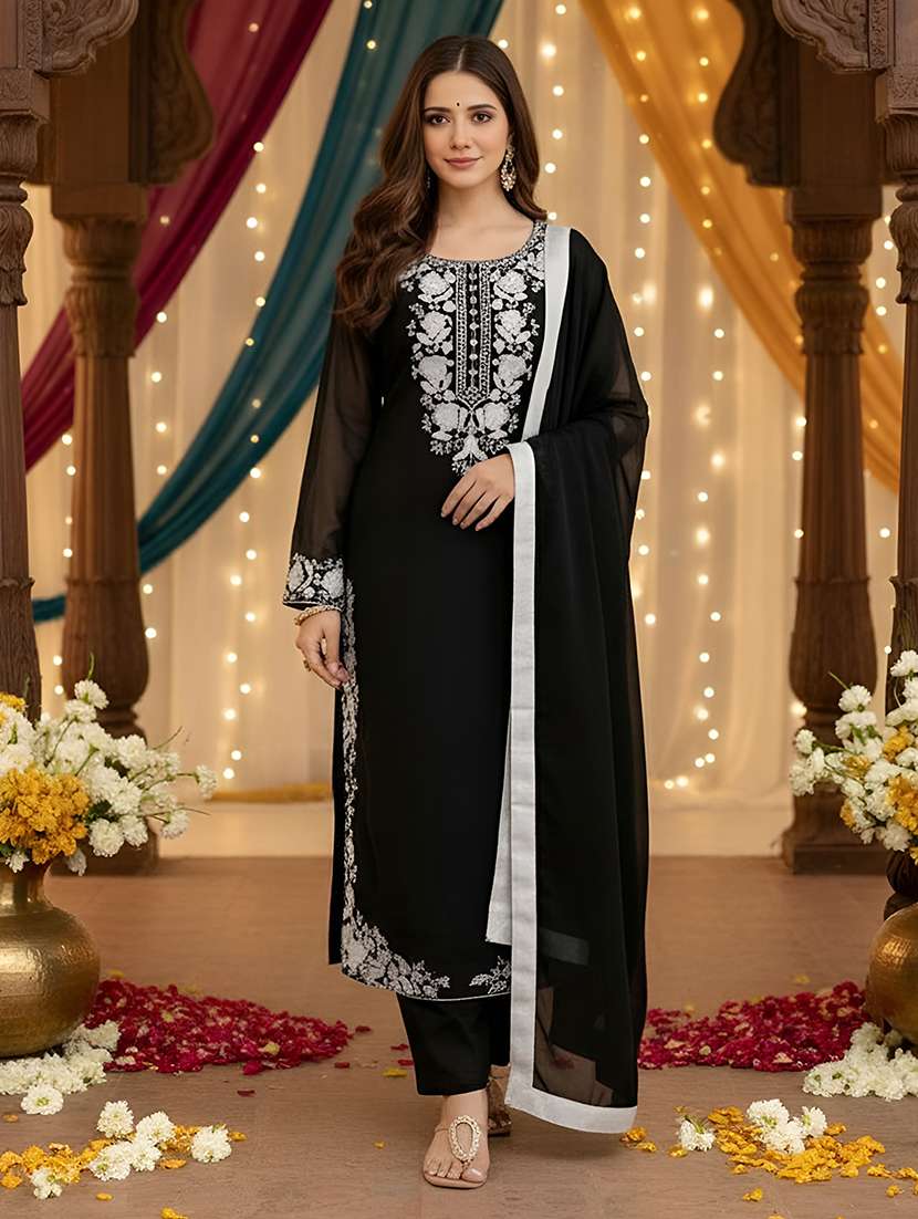 women solid with work long sleeve kurta pant with dupatta set