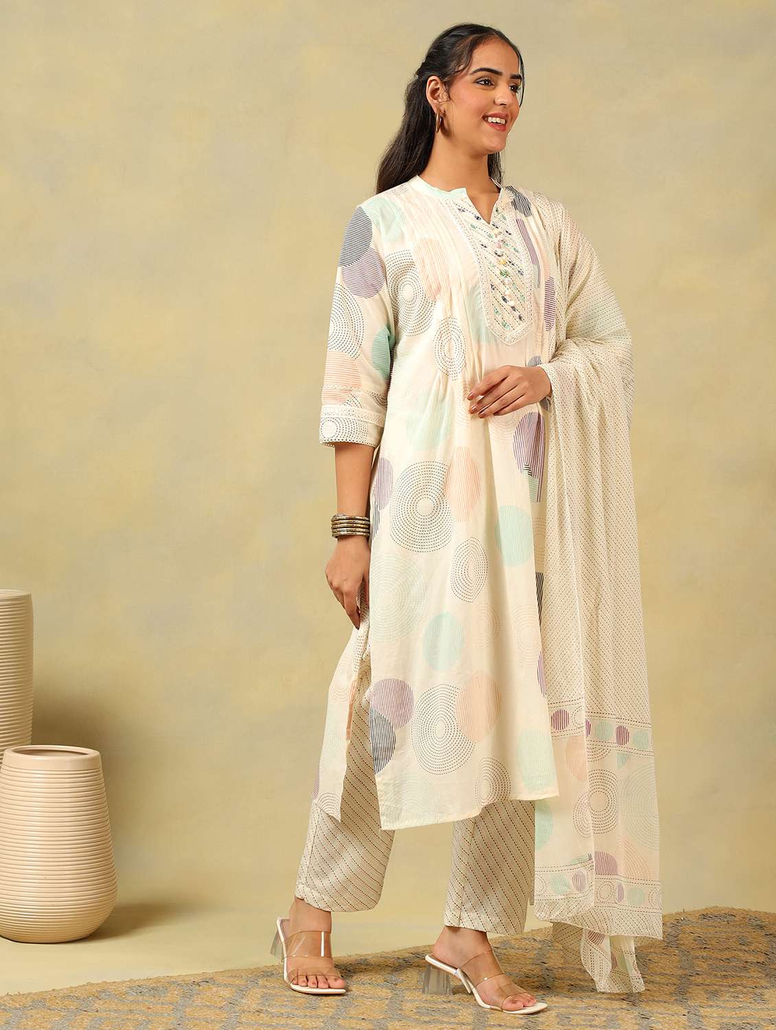 women printed three quarter sleeve kurta pant with dupatta set - 22326587 -  Standard Image - 2