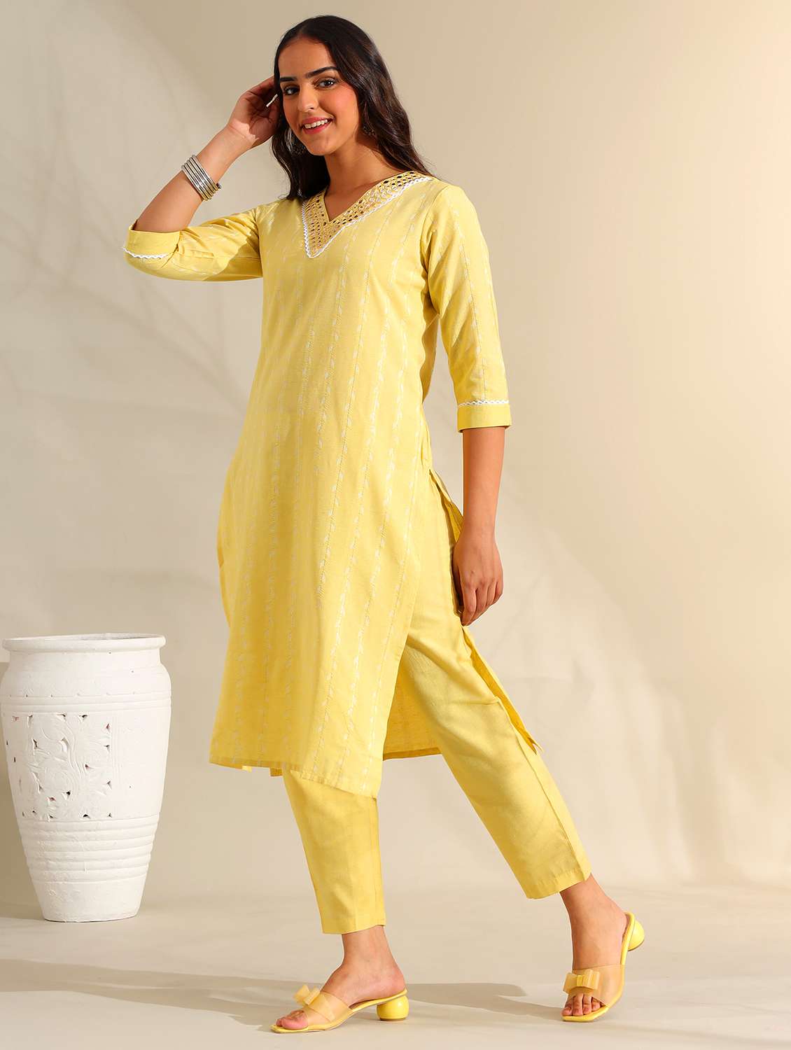 women self design three quarter sleeve kurta pant set - 22326592 -  Standard Image - 2