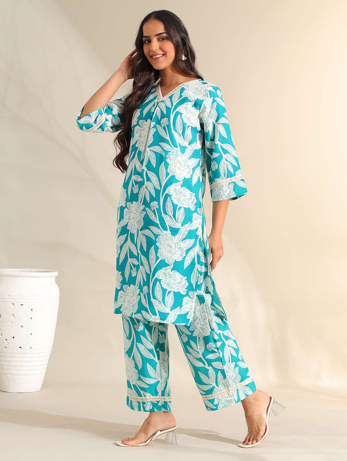 women floral three quarter sleeve ethnic co-ord set - 22326602 -  Standard Image - 2