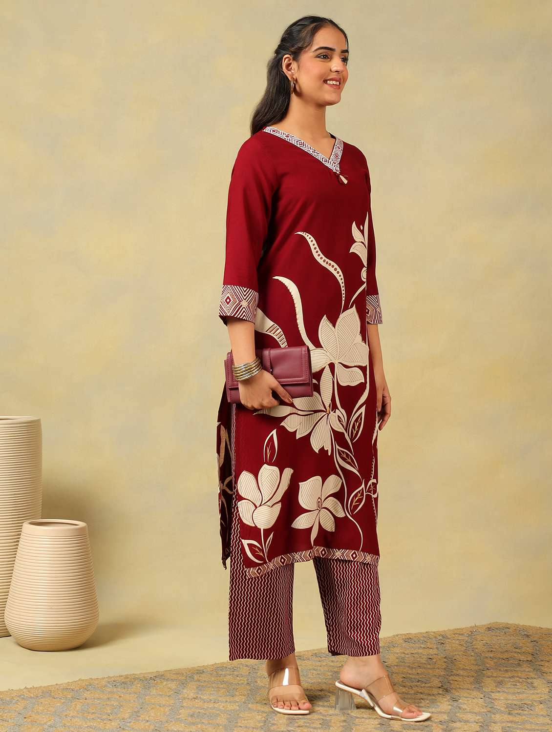 women floral three quarter sleeve kurta pant set - 22326605 -  Standard Image - 2