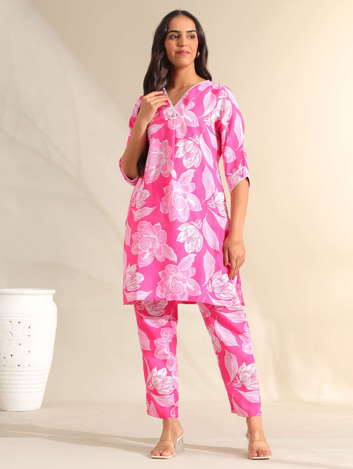 women floral three quarter sleeve ethnic co-ord set