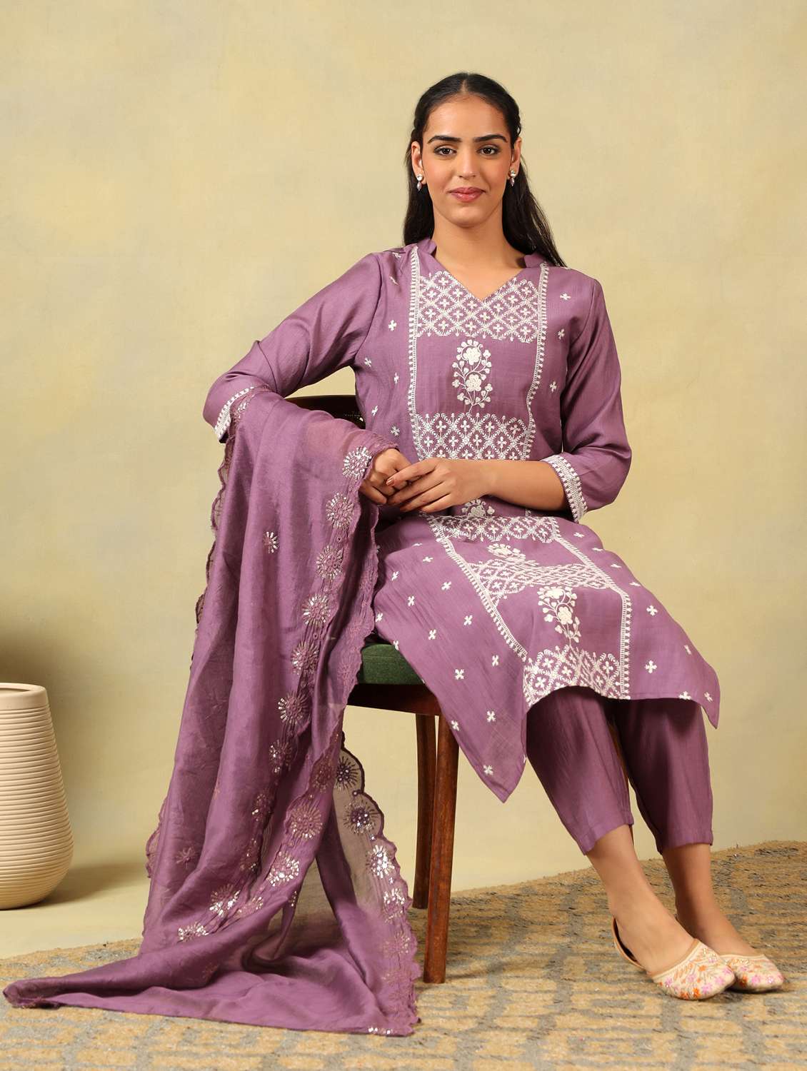 women solid with work mandarin neck kurta pant with dupatta set - 22326628 -  Standard Image - 2