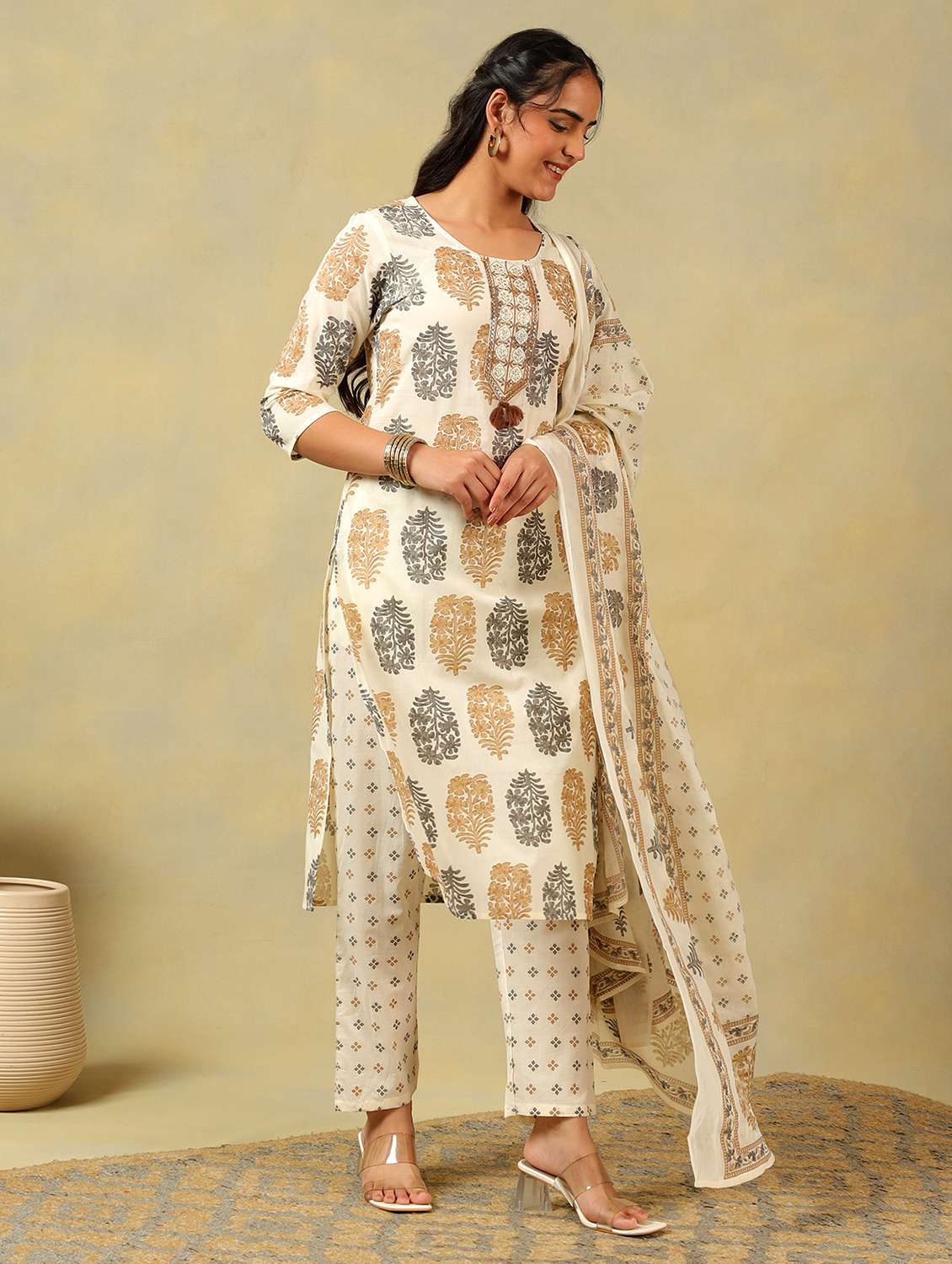women printed three quarter sleeve kurta pant with dupatta set - 22326648 -  Standard Image - 2