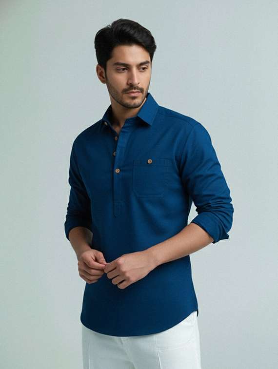 men solid long sleeve short kurta