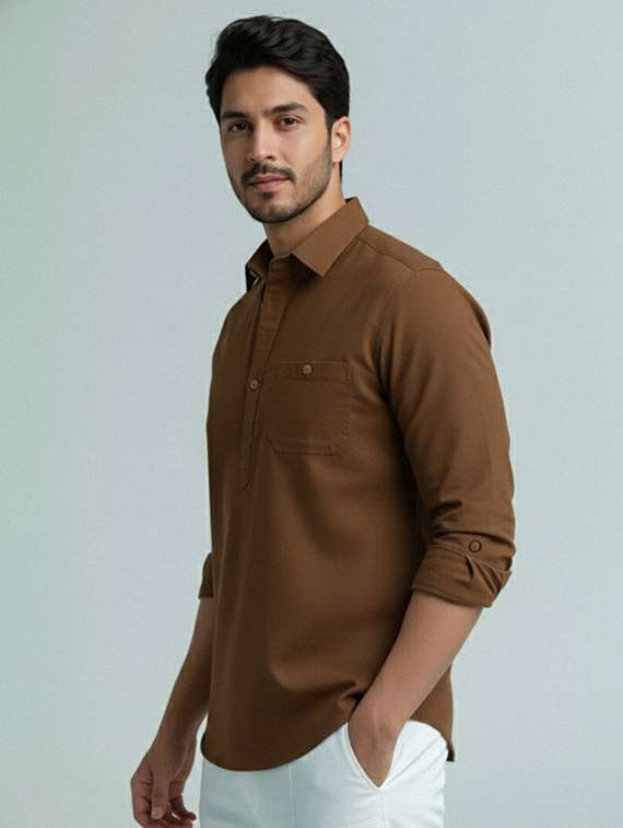 men solid long sleeve short kurta - 22327382 -  Standard Image - 2