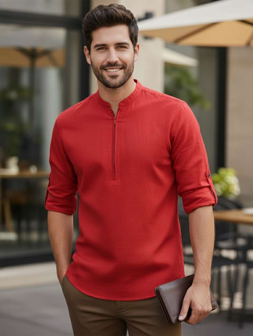 men solid mandarin neck short kurta