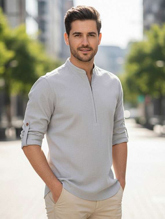 men solid mandarin neck short kurta