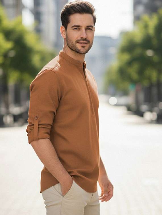 men solid mandarin neck short kurta - 22327523 -  Standard Image - 2