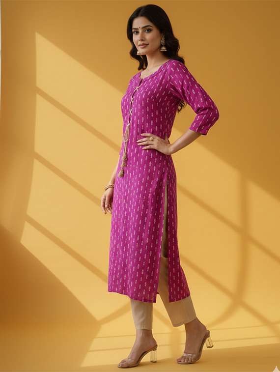 women printed three quarter sleeve straight kurta - 22327594 -  Standard Image - 2