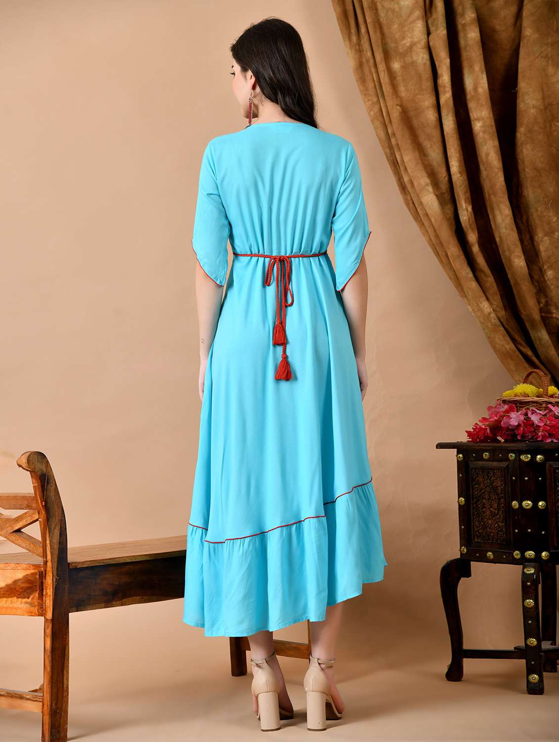 women solid wiith work elbow sleeve ethnic dress - 22327599 -  Standard Image - 2