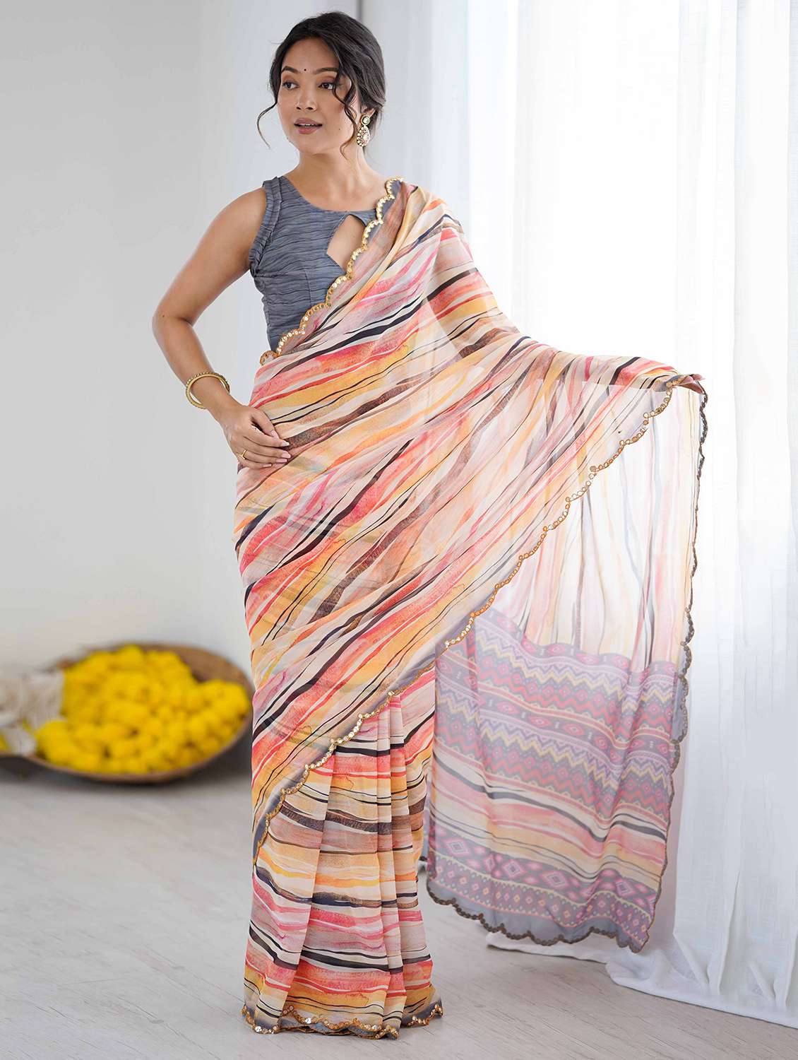 women printed casual wear saree with blouse