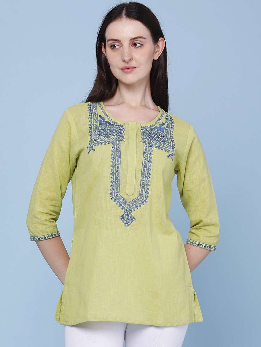 women embroidered three quarter sleeves a-line kurti - 22327720 -  Standard Image - 2