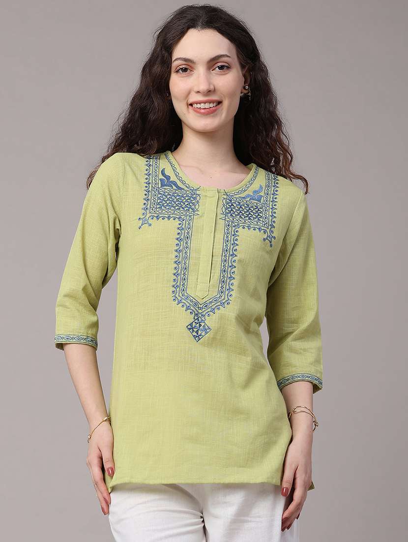 women embroidered three quarter sleeves a-line kurti - 22327721 -  Standard Image - 2