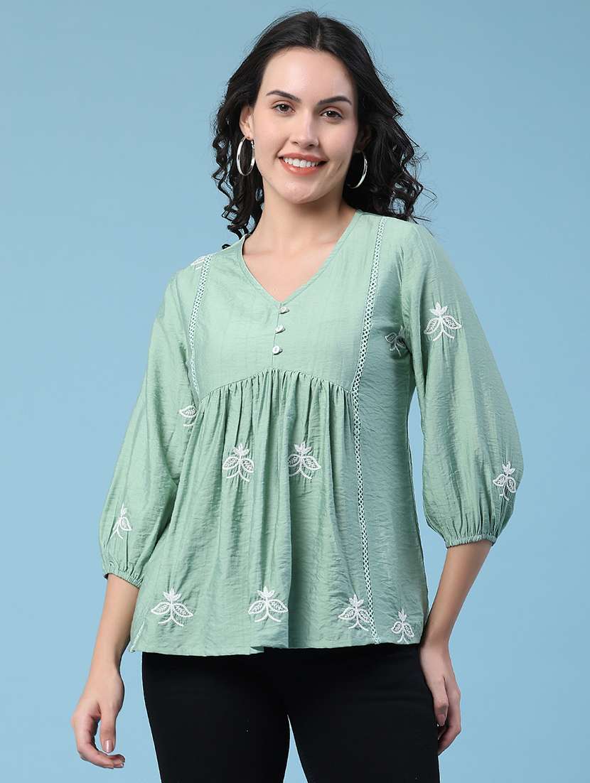 women embroidered three quarter sleeves a-line top