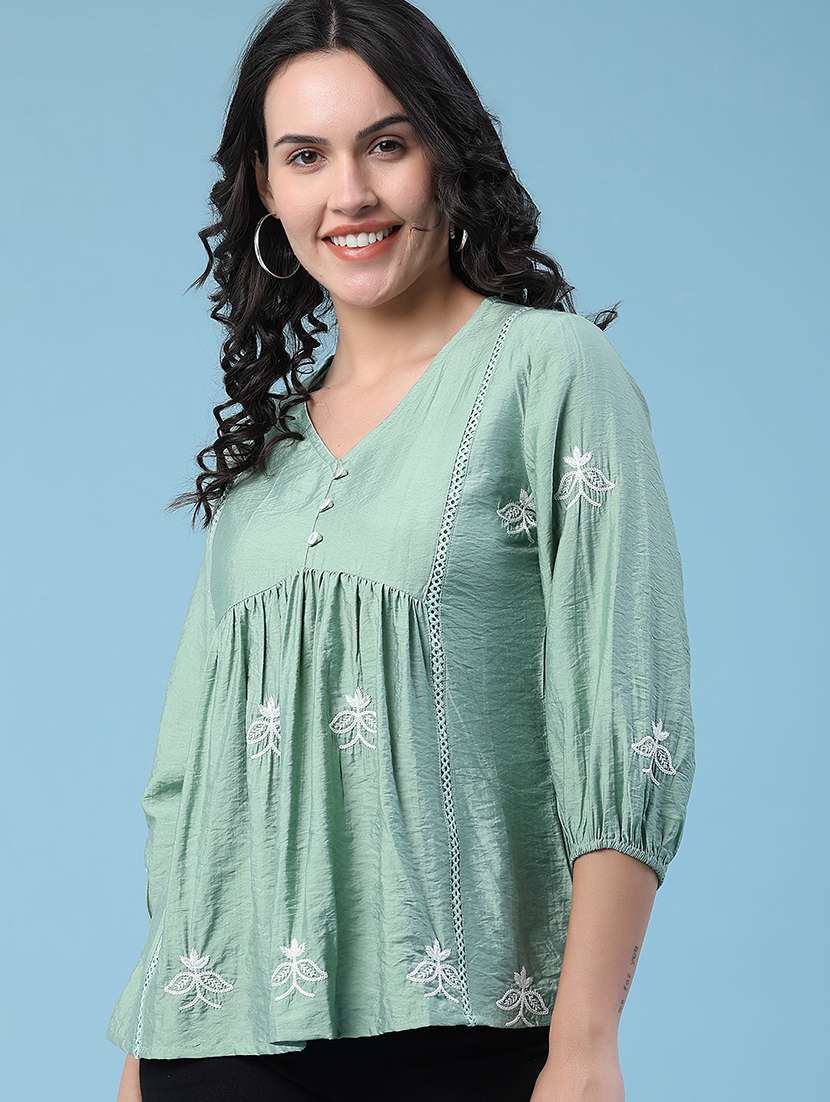 women embroidered three quarter sleeves a-line top - 22327729 -  Standard Image - 2