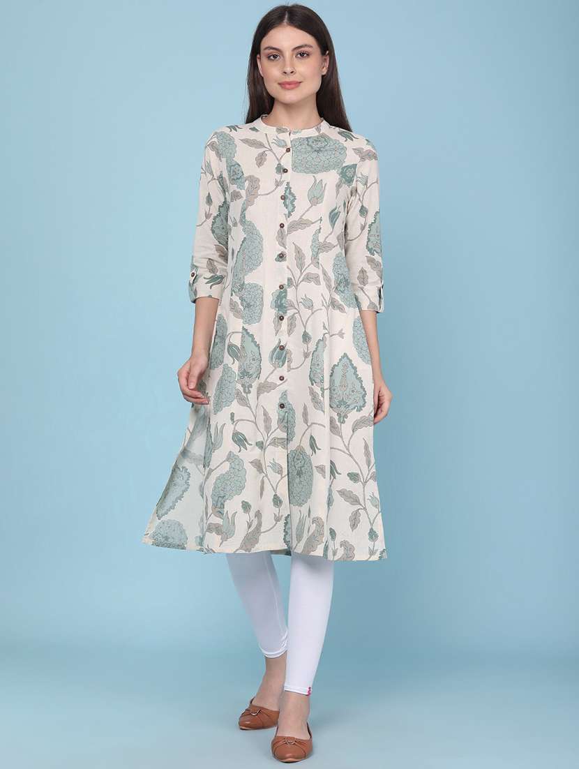 women printed three quarter sleeves a-line kurta