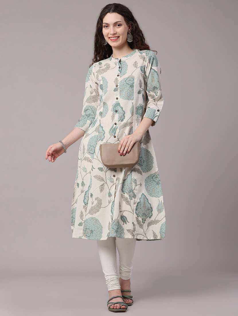 women printed three quarter sleeves a-line kurta