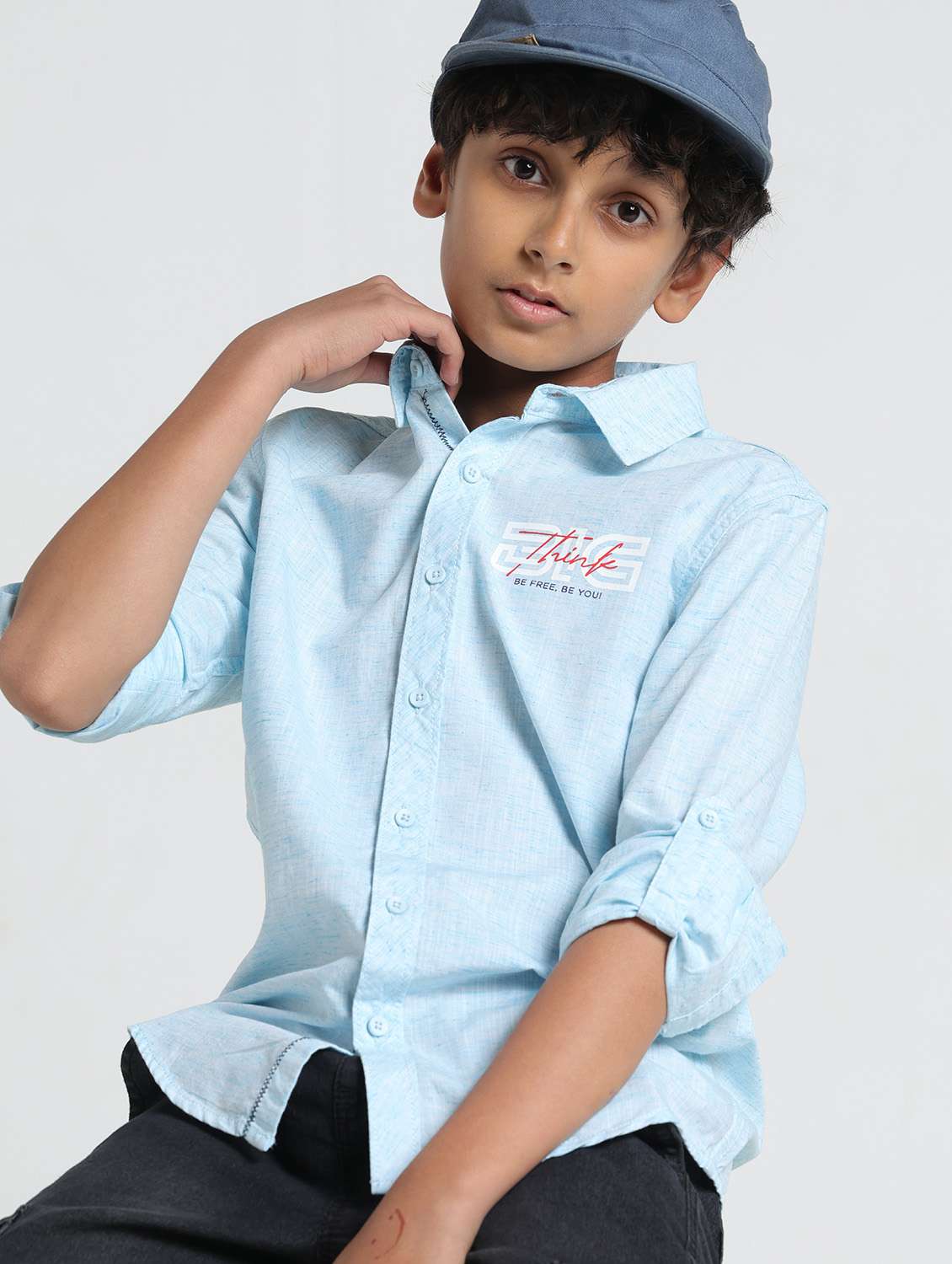 boys printed collared roll up sleeve shirt