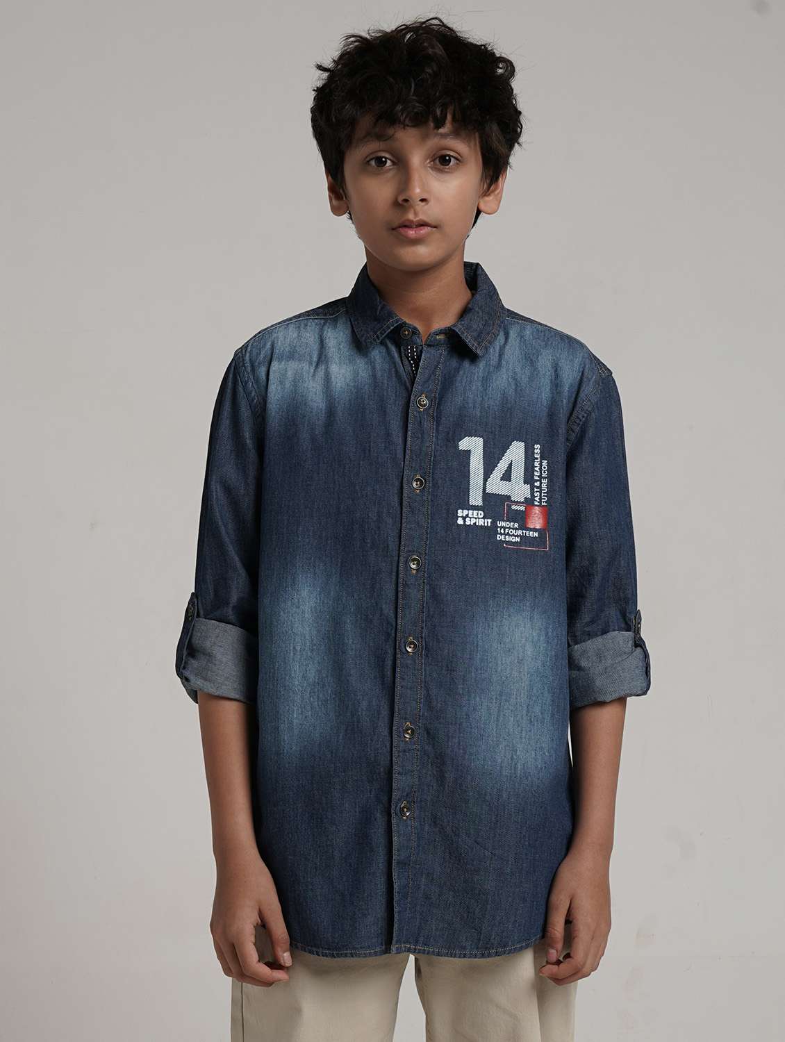 boys printed collared roll up sleeve denim shirt - 22327855 -  Standard Image - 2