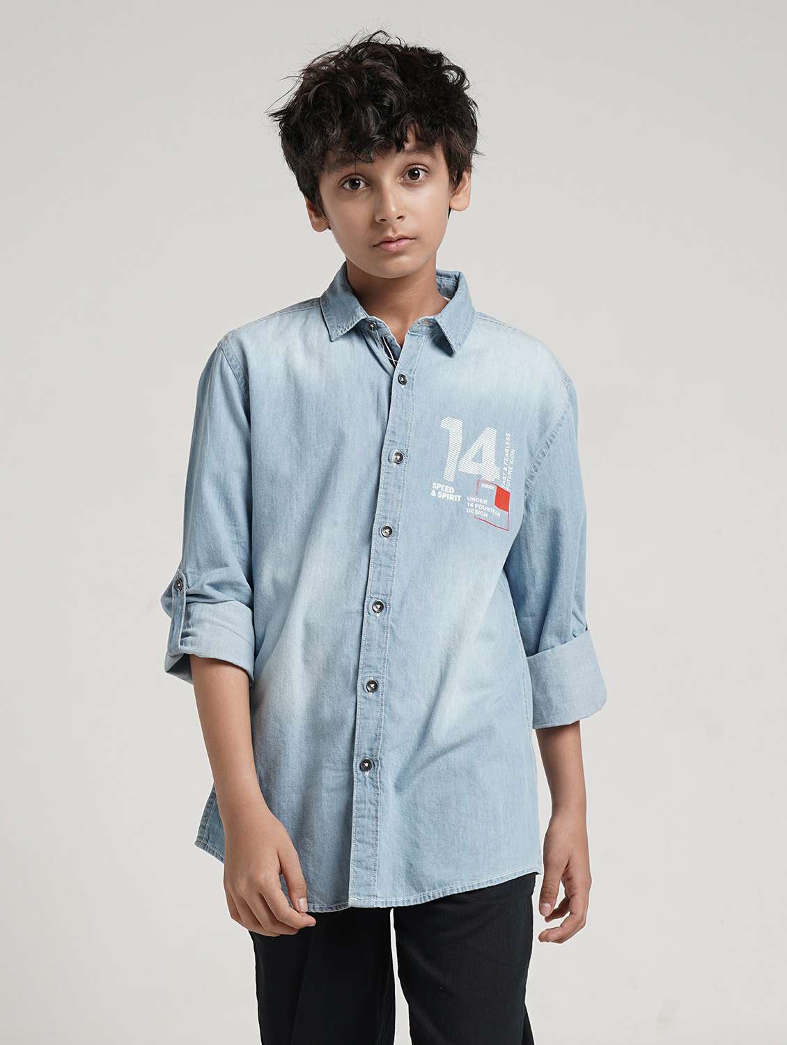 boys printed collared roll up sleeve denim shirt