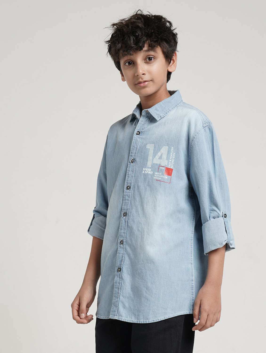 boys printed collared roll up sleeve denim shirt - 22327856 -  Standard Image - 2