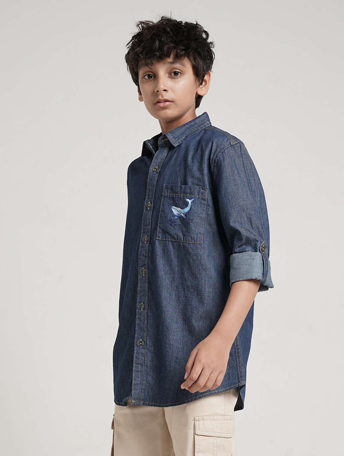 boys solid collared long sleeve denim shirt - 22327857 -  Standard Image - 2