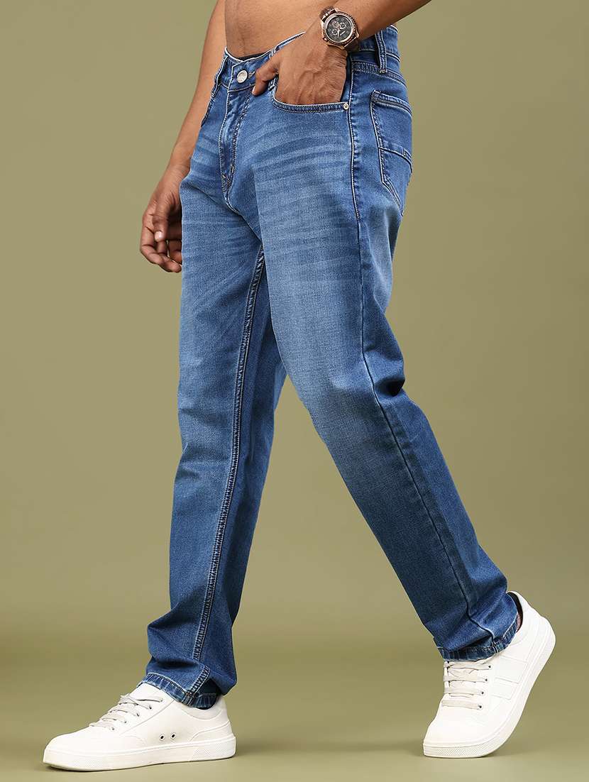 men washed mid rise full length jeans