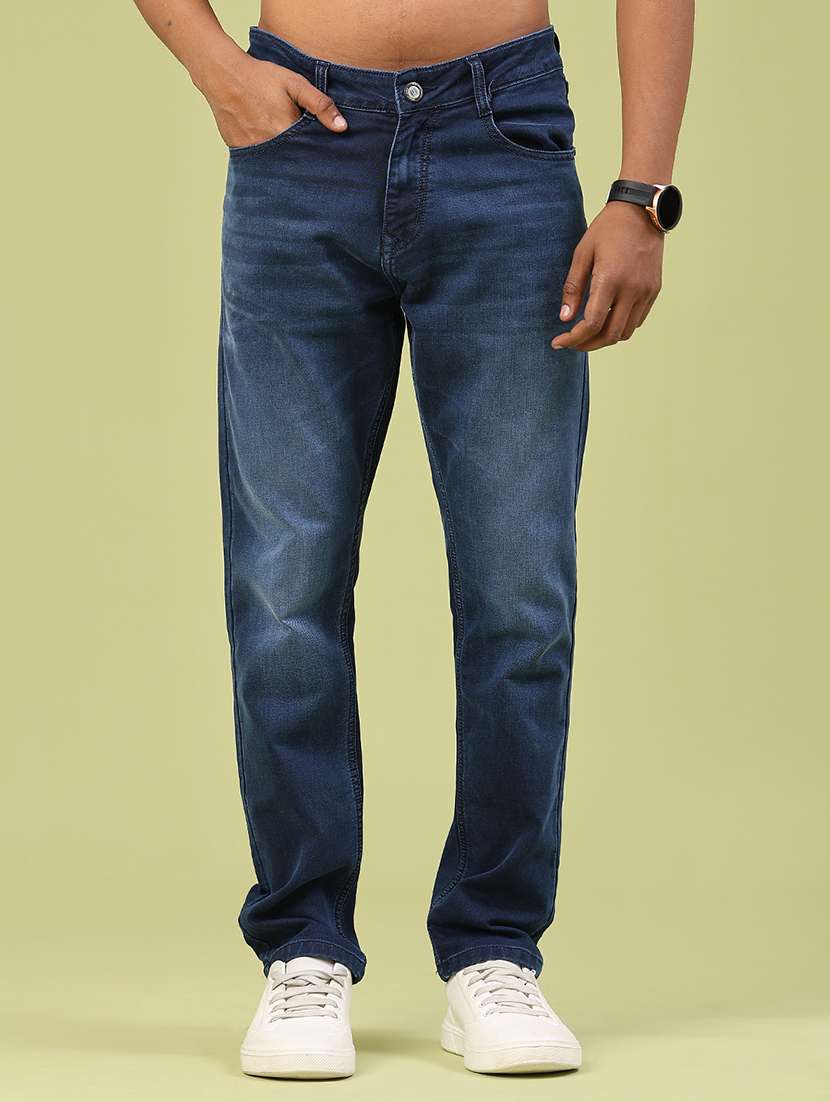 men washed mid rise full length jeans