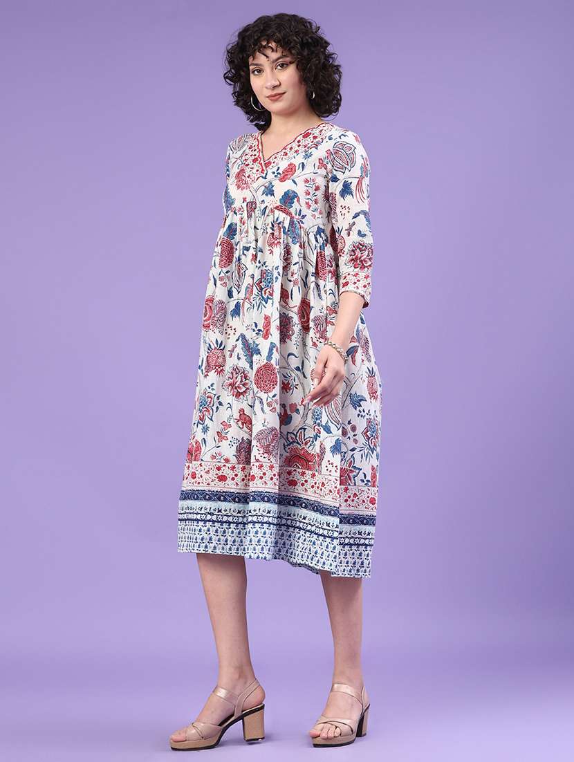 women printed three quarter sleeve flared dress - 22328417 -  Standard Image - 2