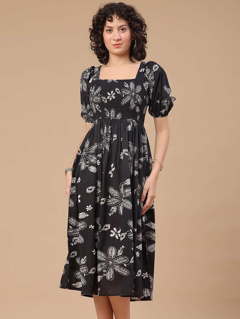 women printed puff sleeves a-line dress - 22328511 -  Standard Image - 2