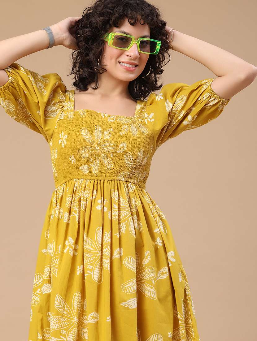 women printed puff sleeves a-line dress