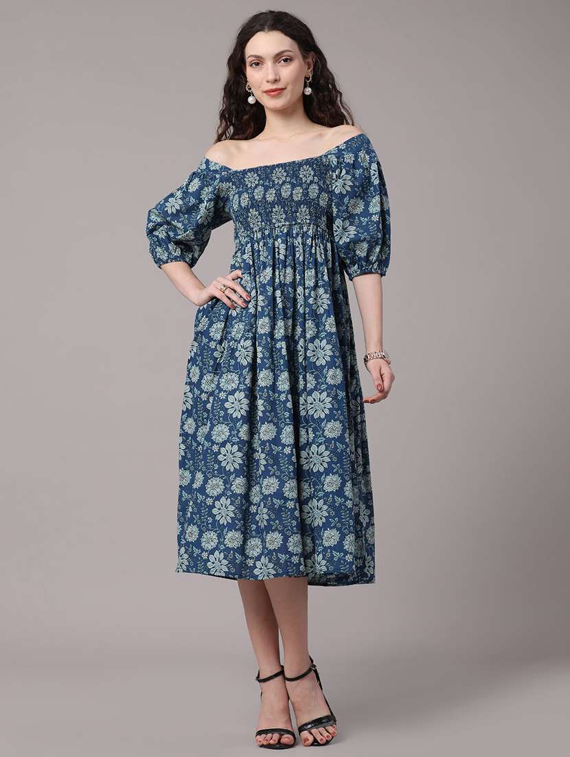 women printed puff sleeves a-line dress - 22328514 -  Standard Image - 2