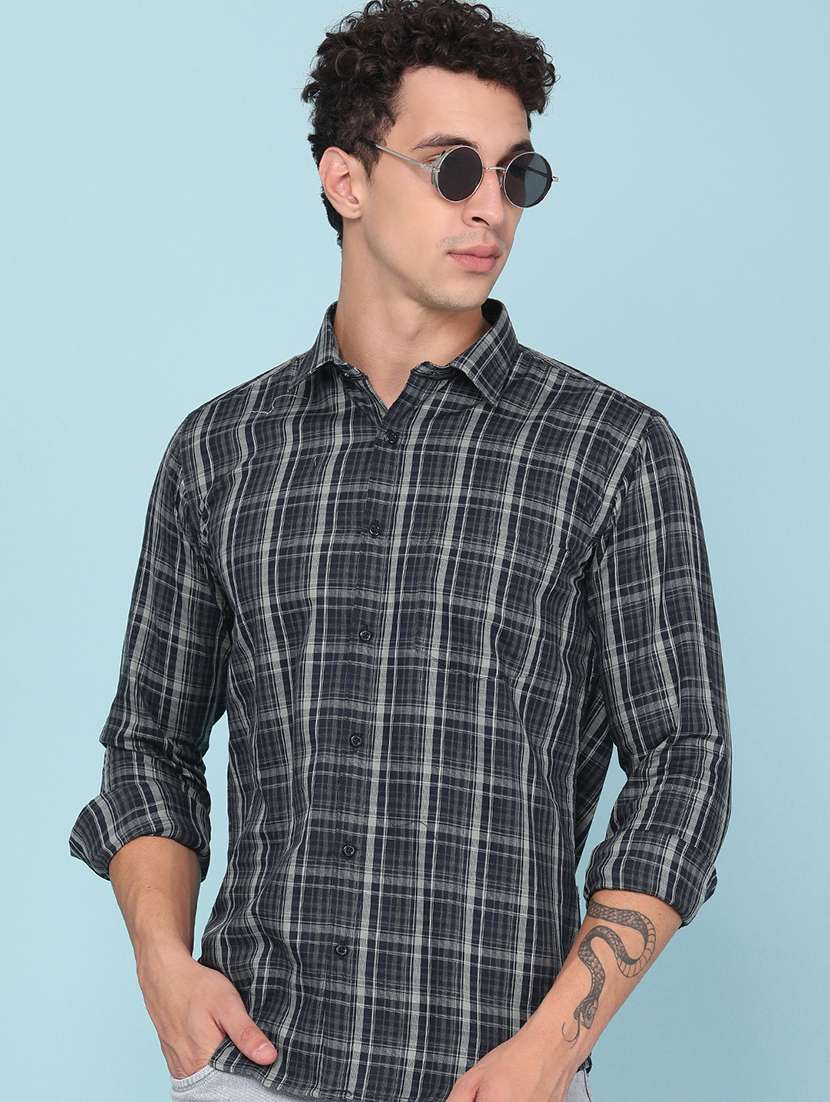 men checkered long sleeve slim fit casual shirt