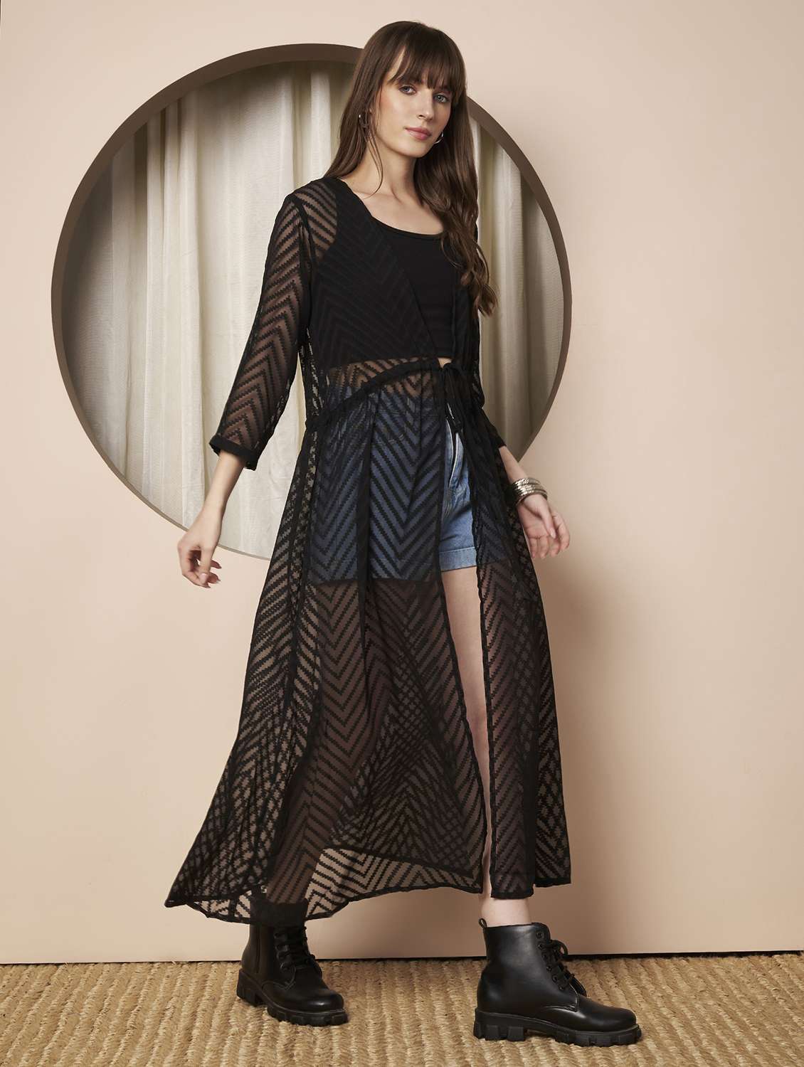 women printed three quarter sleeve long shrug - 22328803 -  Standard Image - 2