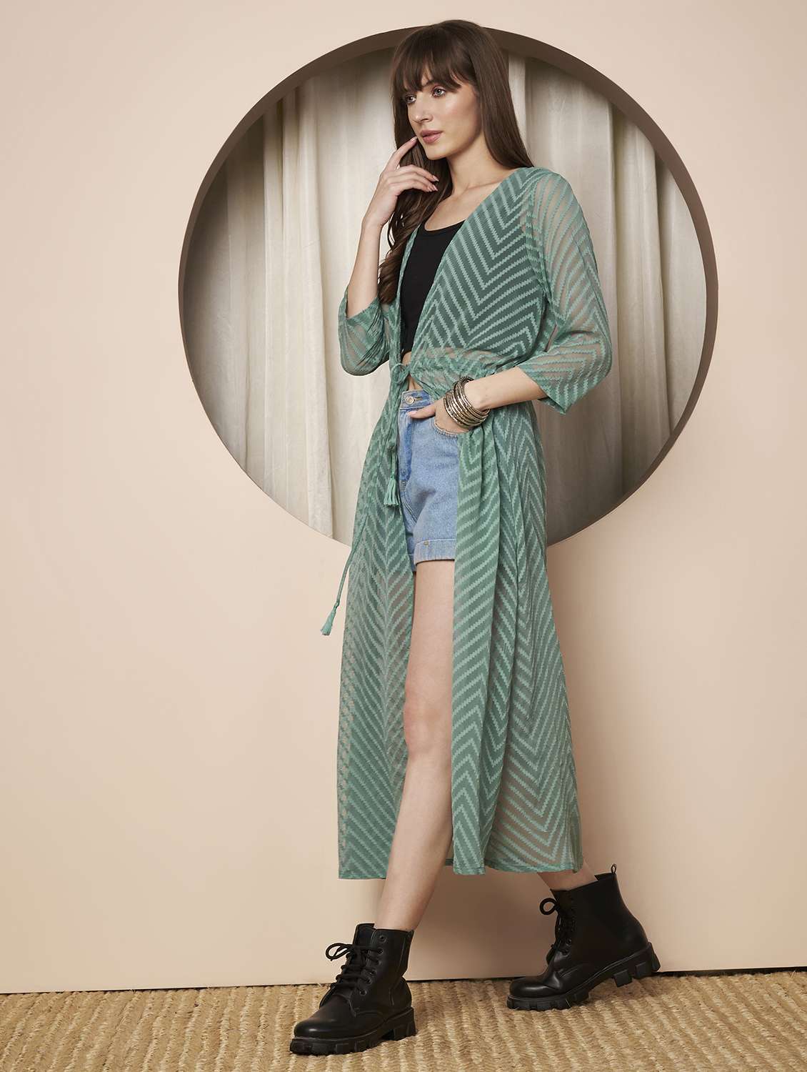 women printed three quarter sleeve long shrug - 22328804 -  Standard Image - 2