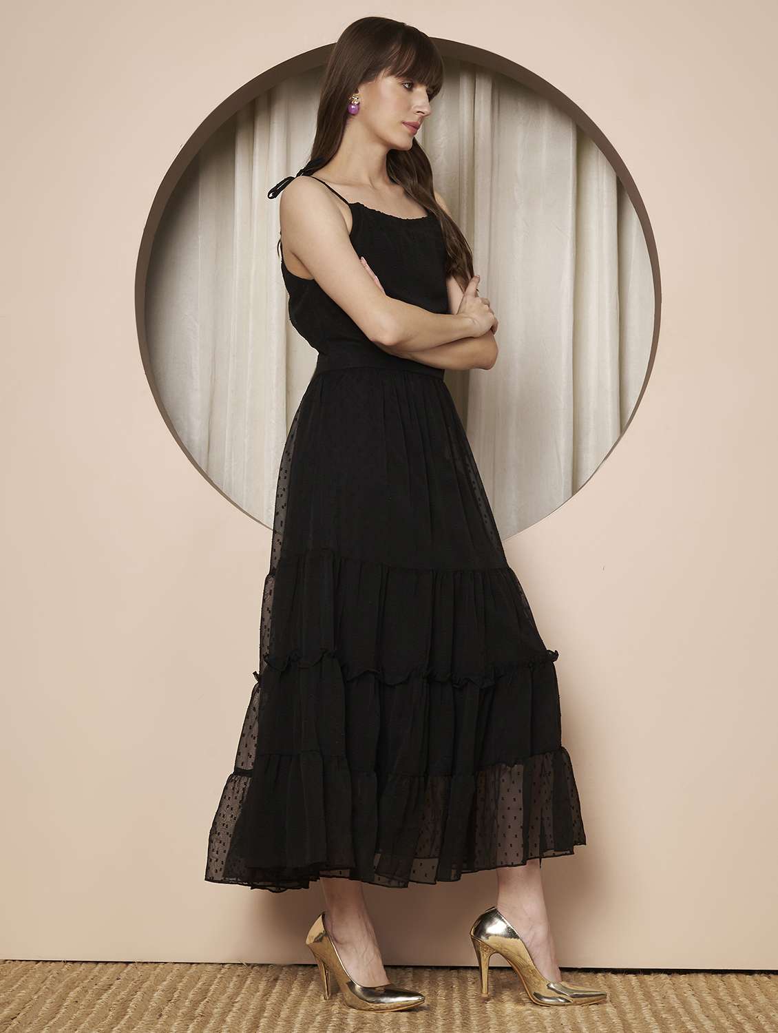 women solid shoulder strap tiered maxi dress - 22328809 -  Standard Image - 2