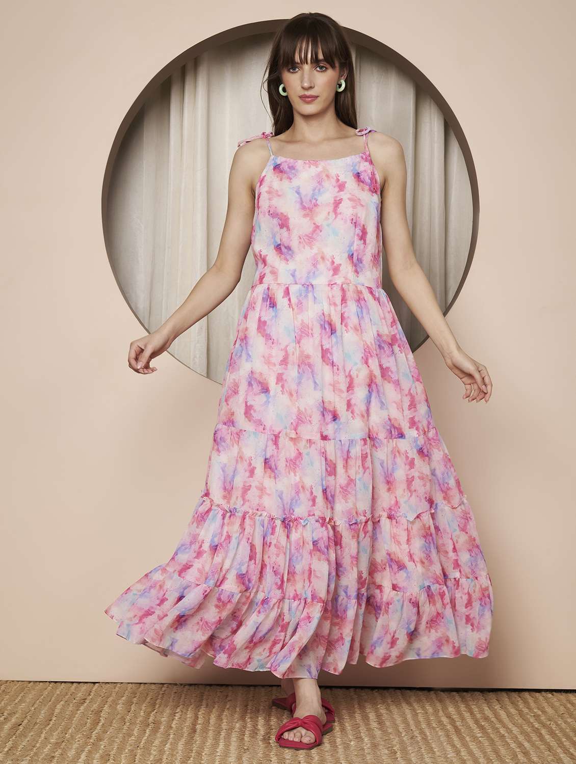 women printed shoulder strap tiered dress