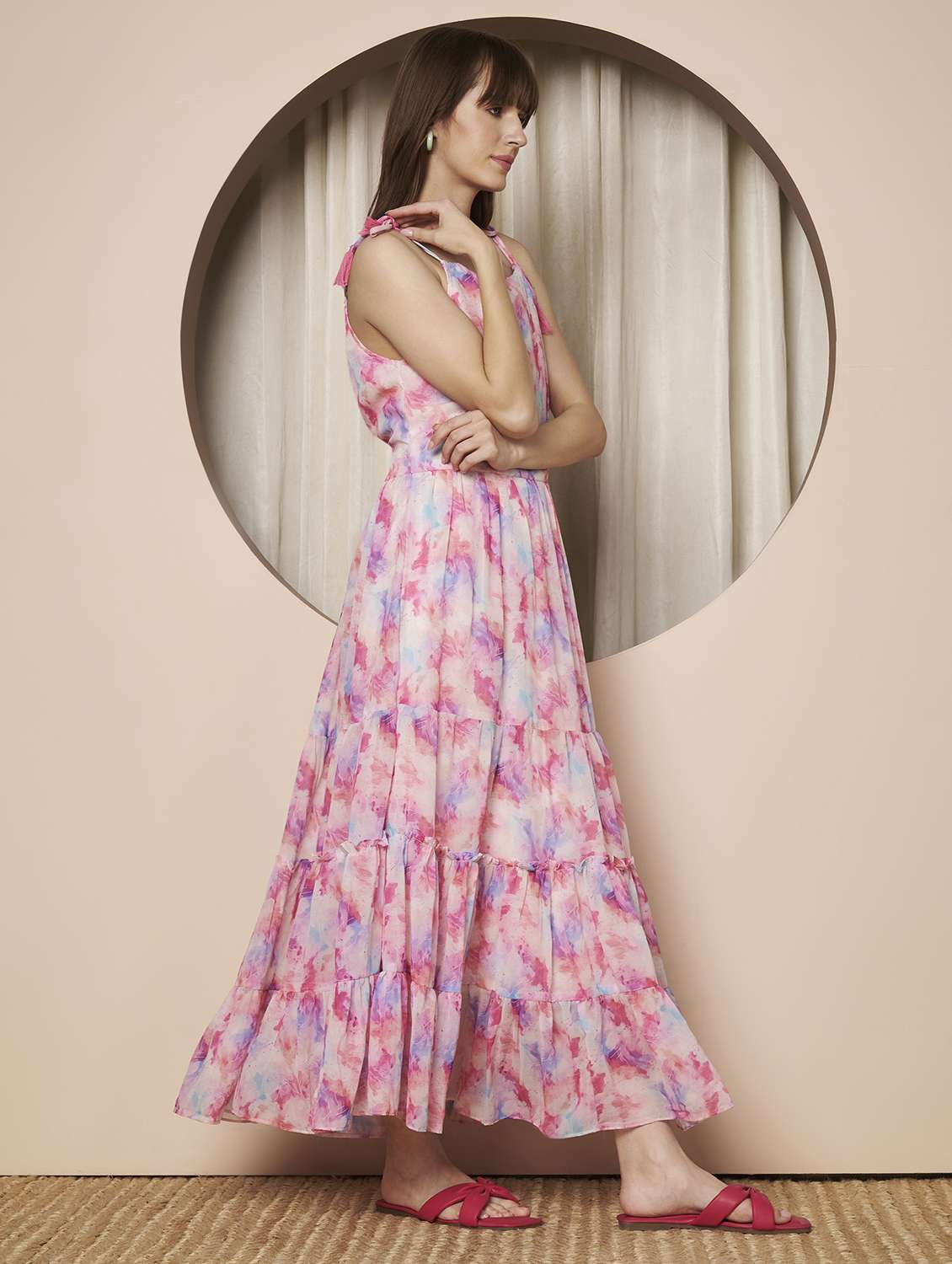 women printed shoulder strap tiered dress - 22328810 -  Standard Image - 2